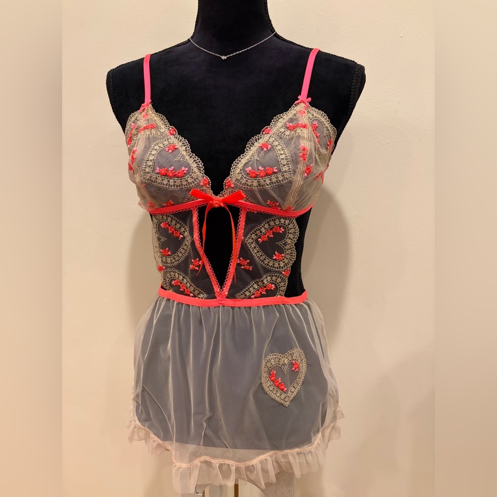 Sheer Lace Hearts Babydoll Apron Lingerie